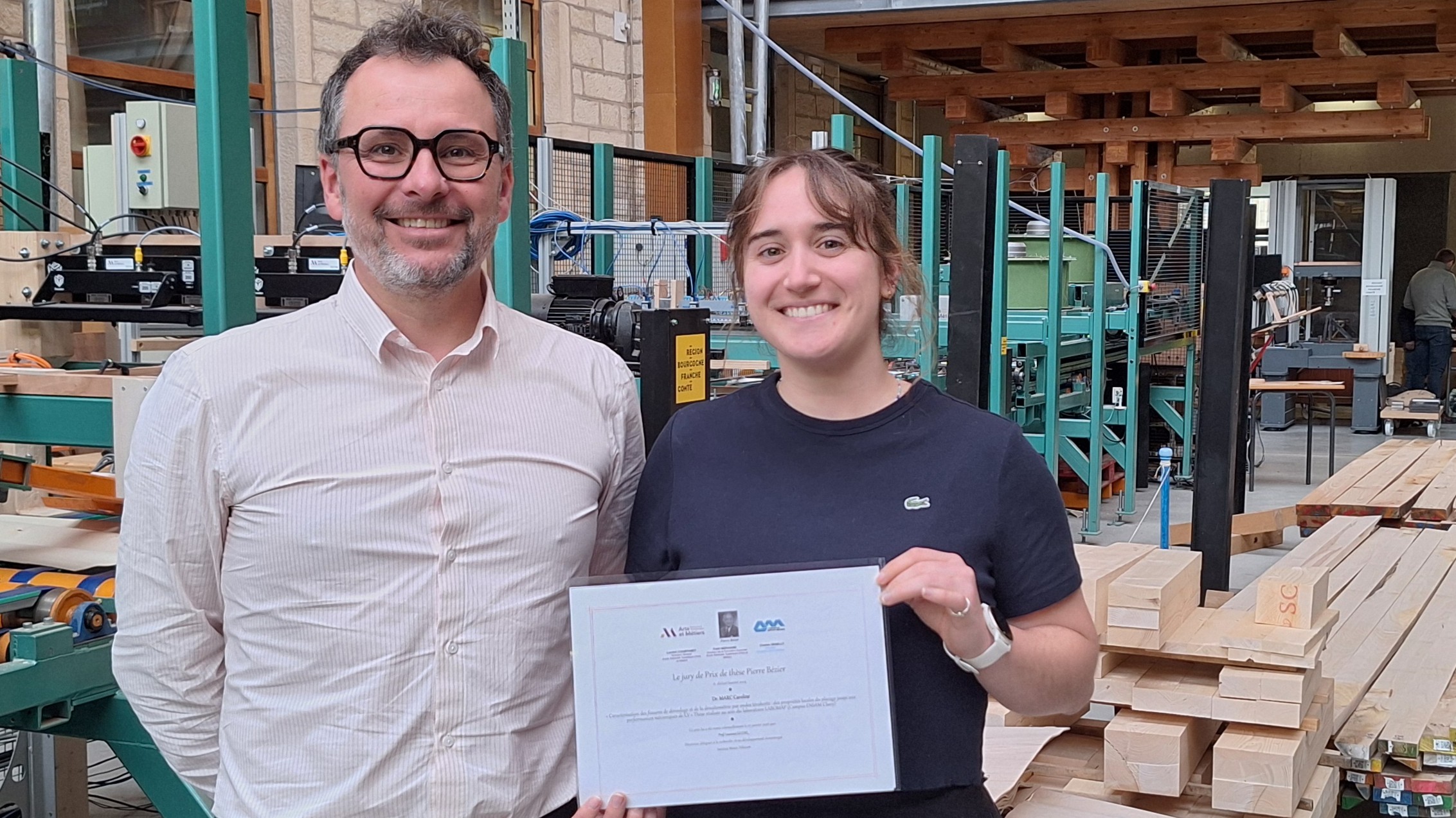 Caroline Marc, winner of the Pierre Bézier Prize with Louis Denaud, Director of LaBoMaP