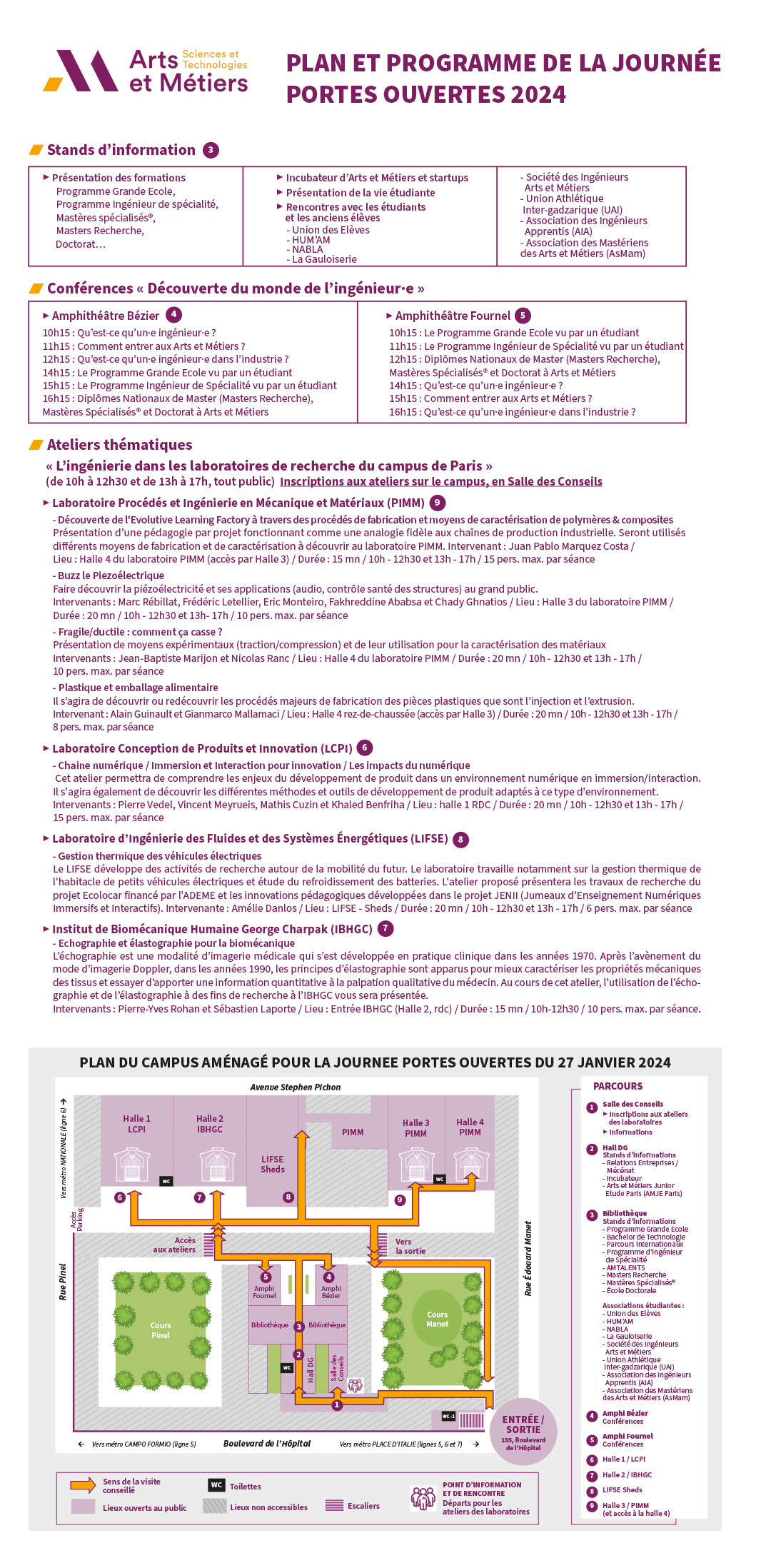Retrouvez le plan et le programme du campus Arts et Métiers de Paris pour la Journée Portes Ouvertes du samedi 27 janvier 2024 de 9h30 à 17h !