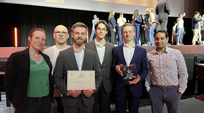 A trophy won by students in the "I film my education" competition